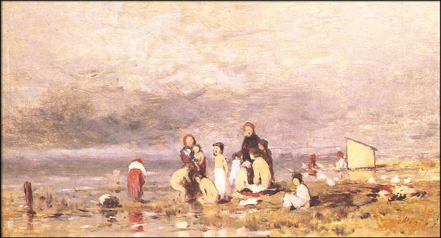 Balaton-part fürdőző parasztgyerekekkel