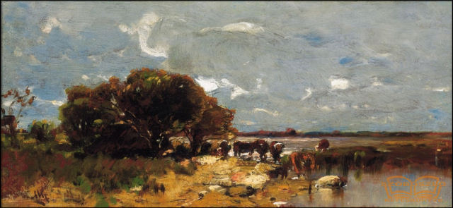 Vízparti táj gomolygó fellegekkel