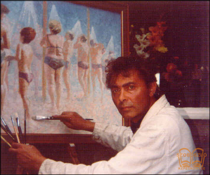 Sándor Károly festi a Zuhanyzó figurákat